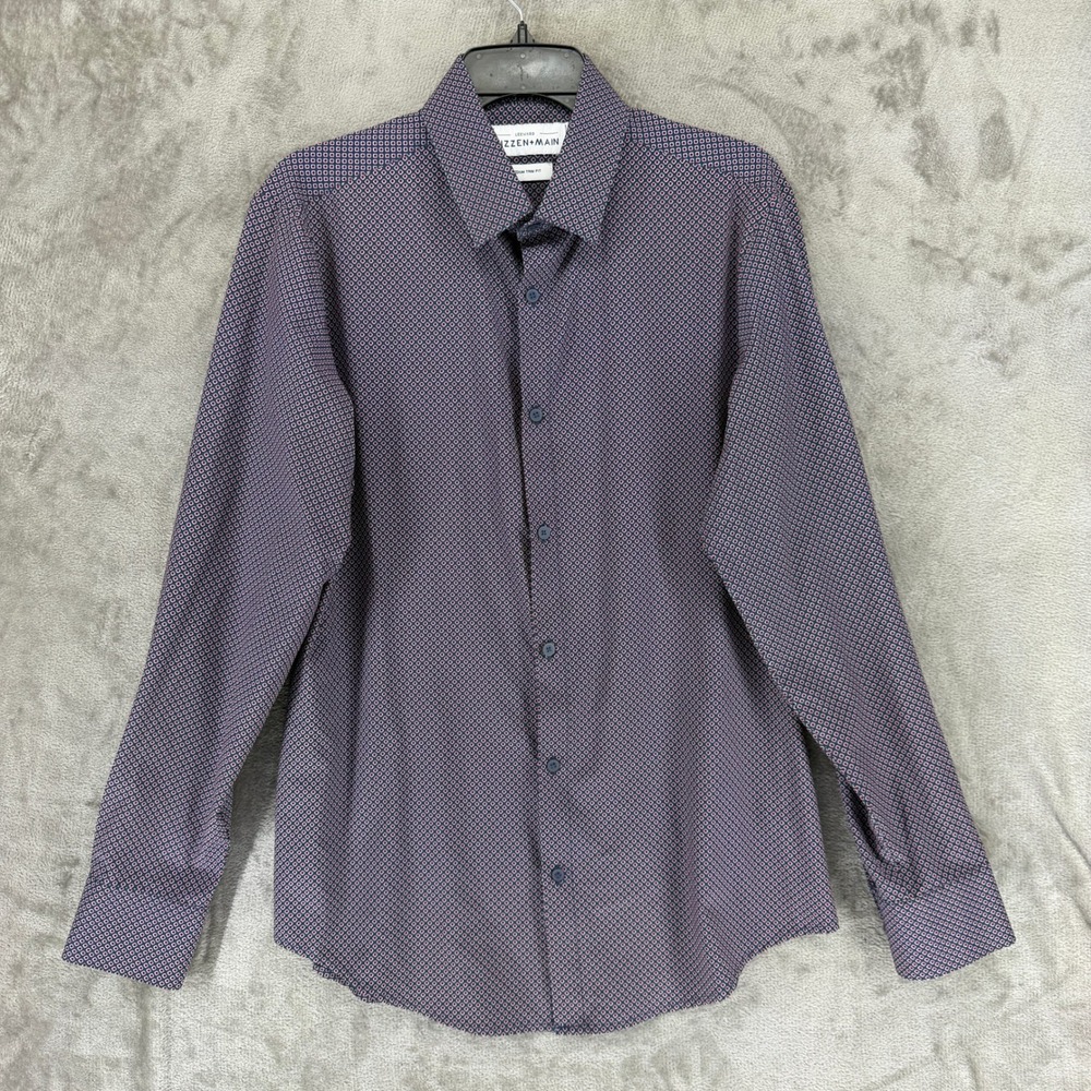 Mizzen+Main Leeward Mens Medium Trim Fit Performance Dress Shirt Navy Geometric